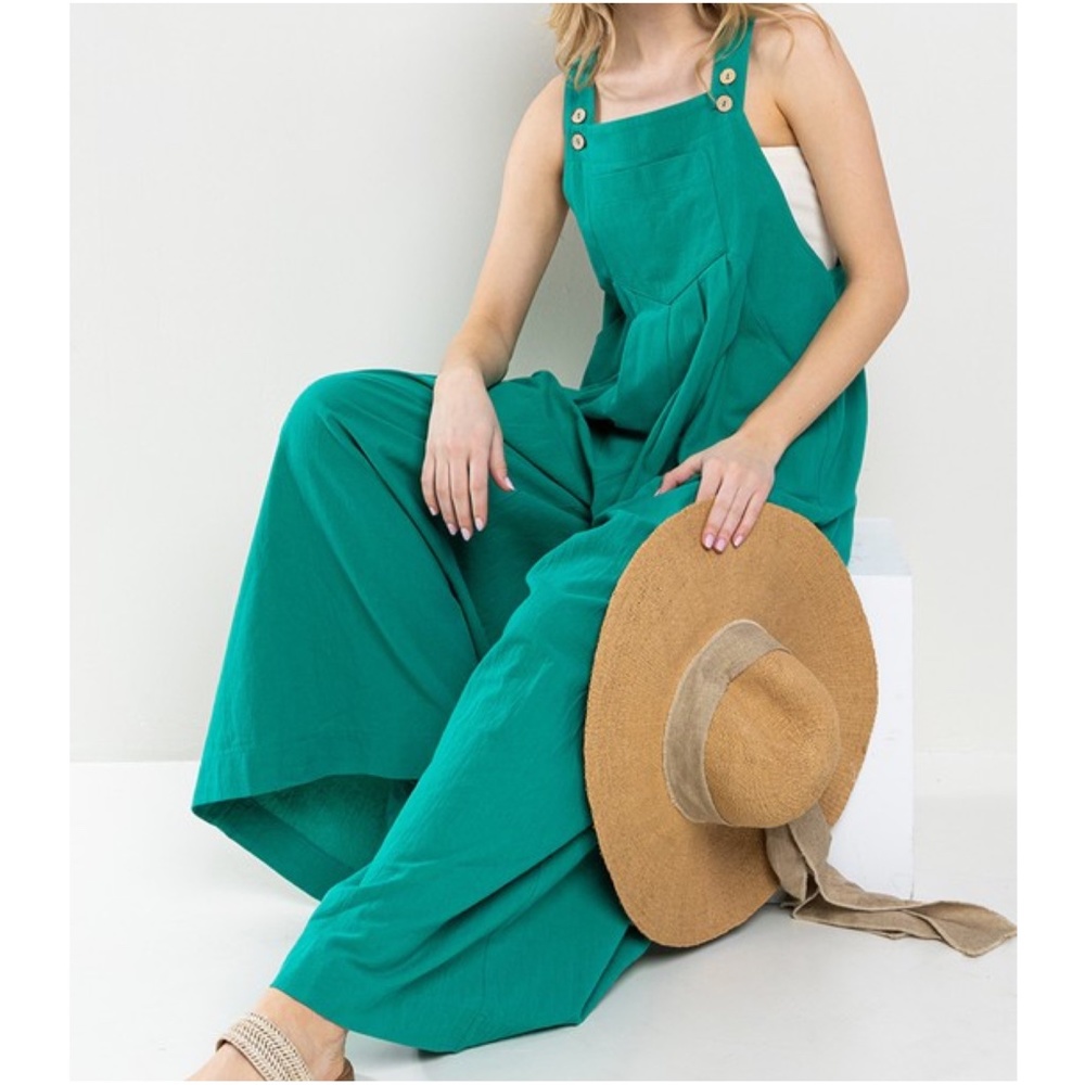 019 Teal Green Linen Button Wide Leg Jumpsuit - Picture 4 of 4